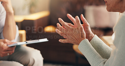 Buy stock photo Hands, person and talk with therapist for counseling, mental health and assessment notes. Old patient, explain and psychologist with clipboard for evaluation checklist, depression and progress report