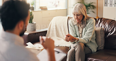 Buy stock photo Anxiety, patient or old woman in therapist office, mental health support or assessment for counselling. Psychologist, consultation or senior person nervous for evaluation, share trauma or talking