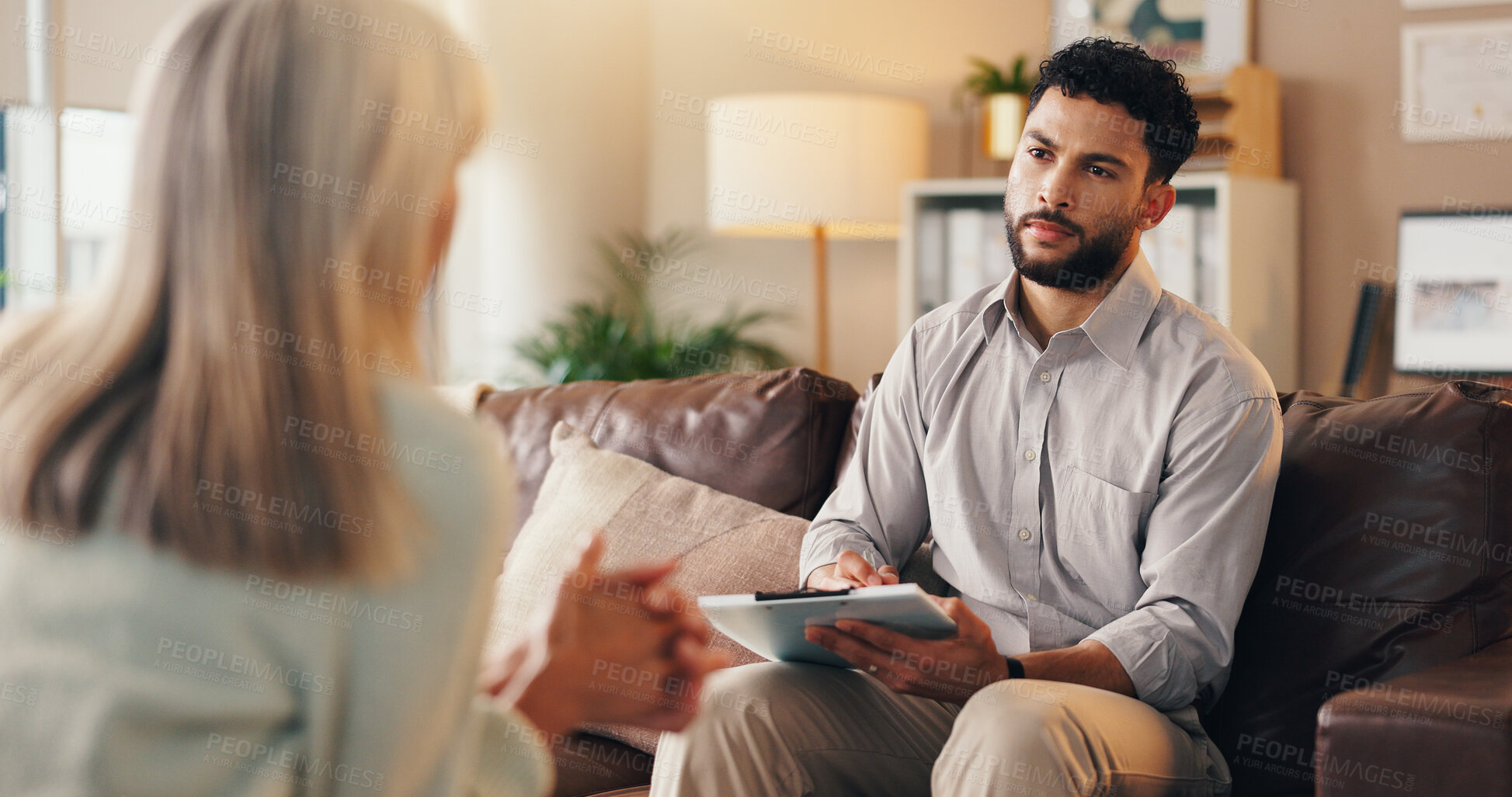 Buy stock photo Clipboard, conversation and therapist with woman in office with checklist for mental health evaluation. Life coach, patient information and psychologist with person for support, help or discussion.
