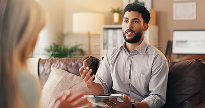 Buy stock photo Clipboard, discussion and therapist with woman in office with checklist for mental health evaluation. Life coach, patient information and psychologist with person for support, help or conversation.