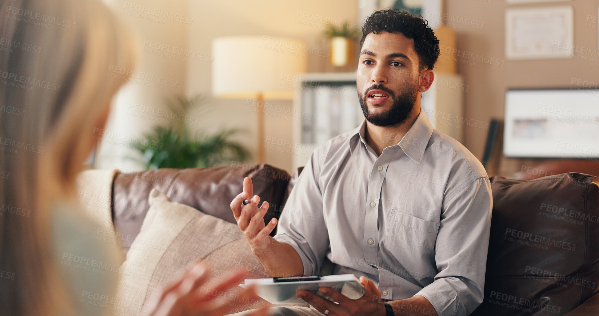 Buy stock photo Clipboard, discussion and therapist with woman in office with checklist for mental health evaluation. Life coach, patient information and psychologist with person for support, help or conversation.