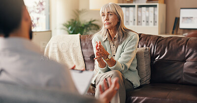 Buy stock photo Listen, client or old woman in therapist office, mental health support or assessment results for diagnosis. Psychologist, counseling or senior person with advice for wellness, evaluation info or help