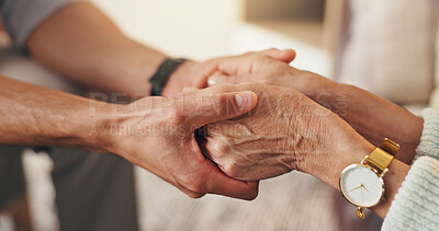 Buy stock photo Psychologist, patient and holding hands in clinic with empathy, consultation and compassion for grief. Therapist, person and support in appointment with trust, counseling help and sympathy for loss.