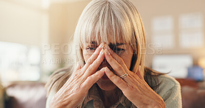 Buy stock photo Reflection, worry and senior woman in house with choice, past memory and sadness in living room. Mindset, space or elderly person in home with thinking, regret and sorrow in decision flashback.