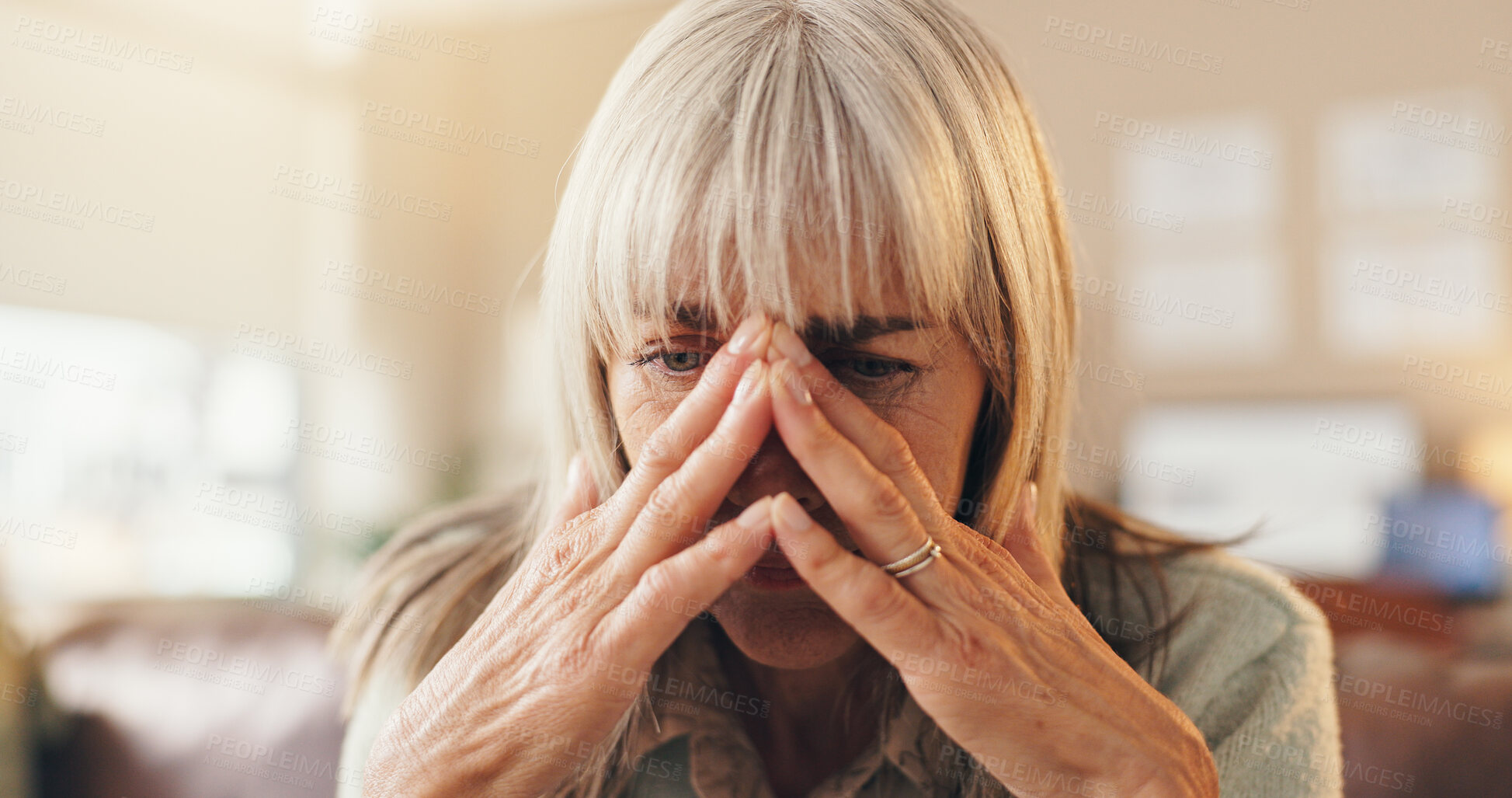 Buy stock photo Reflection, worry and senior woman in house with choice, past memory and sadness in living room. Mindset, space or elderly person in home with thinking, regret and sorrow in decision flashback.
