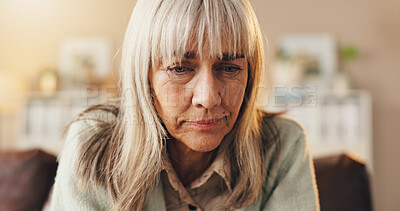 Buy stock photo Reflection, sad and senior woman in house with choice, past memory and worry in living room. Mental health, mindset or elderly person in home with thinking, regret and sorrow in decision flashback.