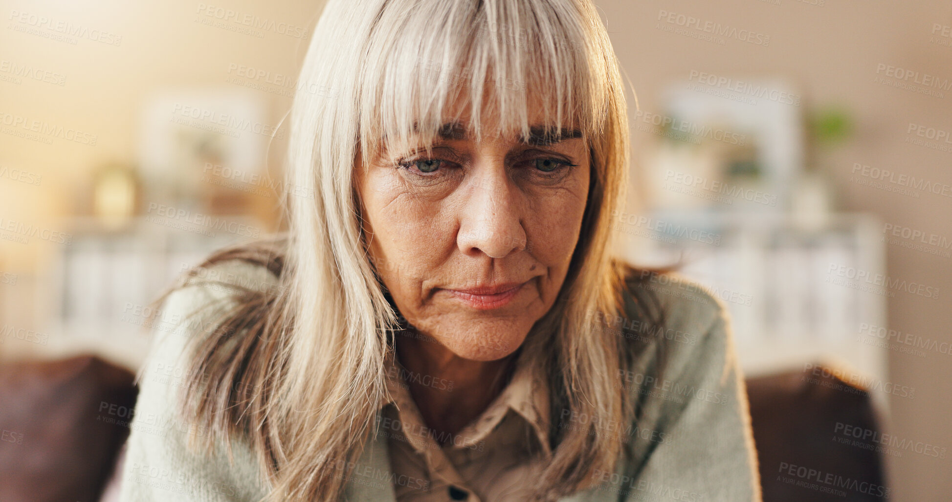 Buy stock photo Reflection, sad and senior woman in house with choice, past memory and worry in living room. Mental health, mindset or elderly person in home with thinking, regret and sorrow in decision flashback.