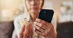 Pills, reading or hands with phone in home, medicine dose info or research side effects for wellness. Set reminder alarm, mobile or old woman with prescription for recovery, online order or ecommerce