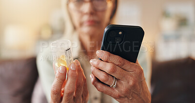 Buy stock photo Pills, reading or hands with phone in home, medicine dose info or research side effects for wellness. Set reminder alarm, mobile or old woman with prescription for recovery, online order or ecommerce