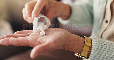 Buy stock photo Hands, medication and woman with tablets in home for pharmaceutical treatment of sickness. Medicine, flu and female person in house with box of pills, vitamins or medical prescription for illness.