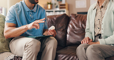 Buy stock photo Caregiver, patient or hands with medicine on sofa, explain dose or prescription side effects for health. Listen, senior care or nurse with old person for instructions, chronic drugs or tablet in home