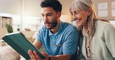 Buy stock photo Nurse, reading and old woman with tablet in home, online medical report and good news for evaluation. Health assessment, senior person and caregiver with digital results to review, tech and smile