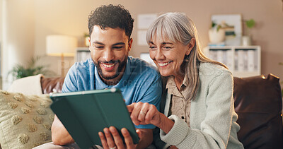 Buy stock photo Nurse, reading and old woman with tablet on couch, online medical report and good news for evaluation. Health assessment, review digital results or senior person with caregiver in home, tech or smile