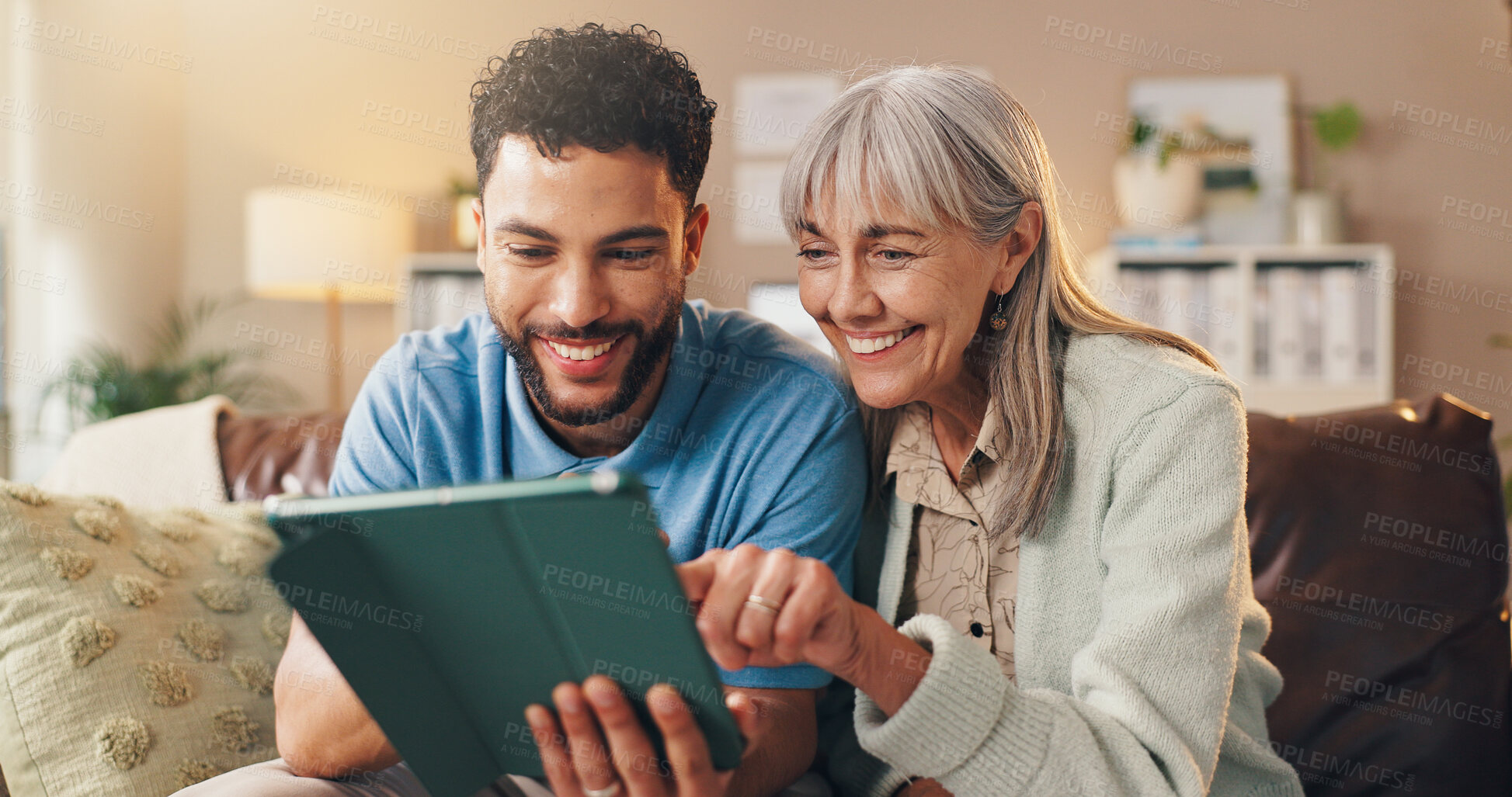 Buy stock photo Nurse, reading and old woman with tablet on couch, online medical report and good news for evaluation. Health assessment, review digital results or senior person with caregiver in home, tech or smile