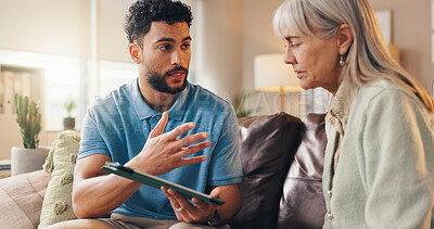 Buy stock photo Caregiver, reading or old woman with tablet on sofa, digital app or explain medical report for diagnosis. Health assessment, review online results or senior person with nurse in home, tech or talking