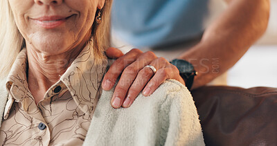 Buy stock photo Old woman, shoulder and caregiver in nursing home with support, healthcare assistance and wellness. Senior person, worker and kindness in retirement center with trust, helping hand and compassion.
