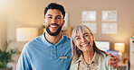 Hug, portrait and smile of nurse with old woman in home living room for support or wellness. Healthcare, medical or retirement with man and senior patient in apartment together for bonding or trust