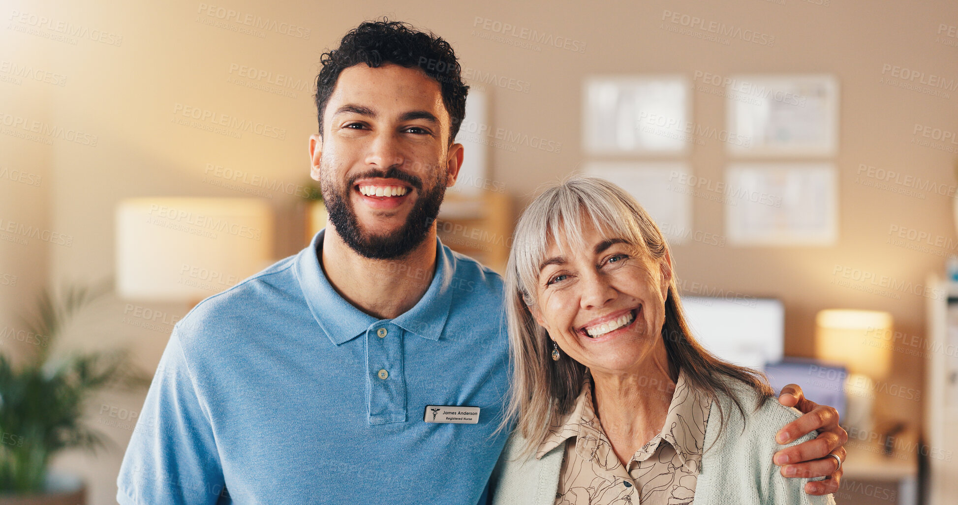 Buy stock photo Hug, portrait and smile of nurse with old woman in home living room for support or wellness. Healthcare, medical or retirement with man and senior patient in apartment together for bonding or trust