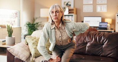 Buy stock photo Back pain, posture and senior woman on sofa in living room of home for injury or osteoporosis. Discomfort, muscle fatigue and spinal stenosis with old person in apartment for arthritis symptoms