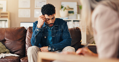 Buy stock photo Clipboard, conversation and therapist with man in office with checklist for mental health evaluation. Coach, patient information and psychologist with person for support of stress, ptsd or anxiety.