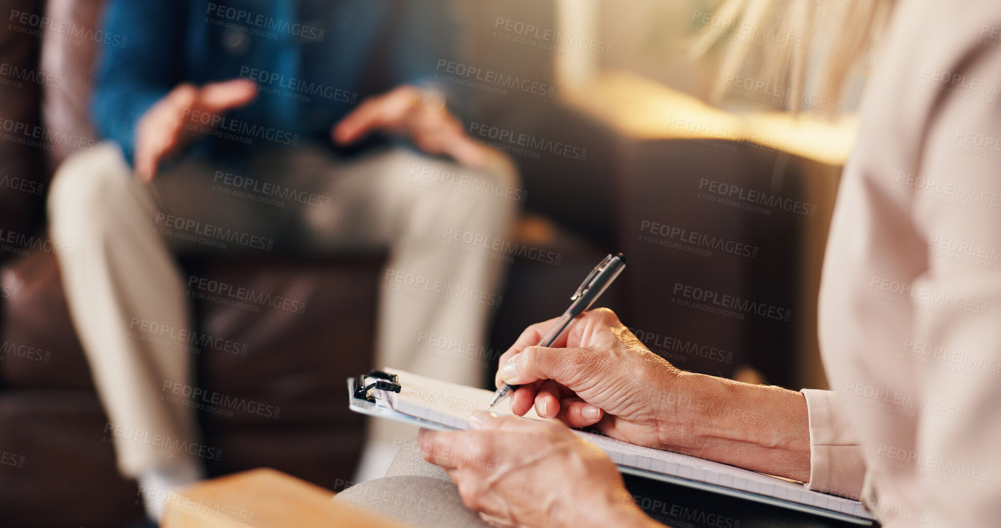 Buy stock photo Hands, person and therapist with clipboard in office for counseling, mental health and progress report. Patient, explain and psychologist with checklist for assessment, confidential notes and therapy