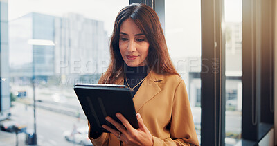 Buy stock photo Design, tablet and window with business woman in city workplace for agenda, planning or research. App, development and schedule with mature designer in office for digital report or online review