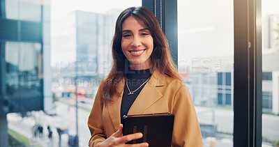 Buy stock photo Business, portrait and tablet with designer woman in city workplace for agenda, planning or research. App, design and development with mature employee in office for digital report or online schedule