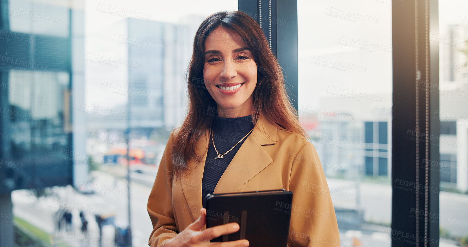 Buy stock photo Business, portrait and tablet with designer woman in city workplace for agenda, planning or research. App, design and development with mature employee in office for digital report or online schedule