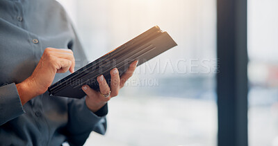 Buy stock photo Design, hands and tablet with business person in city workplace for agenda, planning or research. App, development and schedule with designer ay window in office for digital report or online review