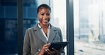 Finance, portrait and tablet with business black woman in city workplace for planning or research. App, development and schedule with African accountant in office for digital report or online review