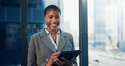 Buy stock photo Finance, portrait and tablet with business black woman in city workplace for planning or research. App, development and schedule with African accountant in office for digital report or online review