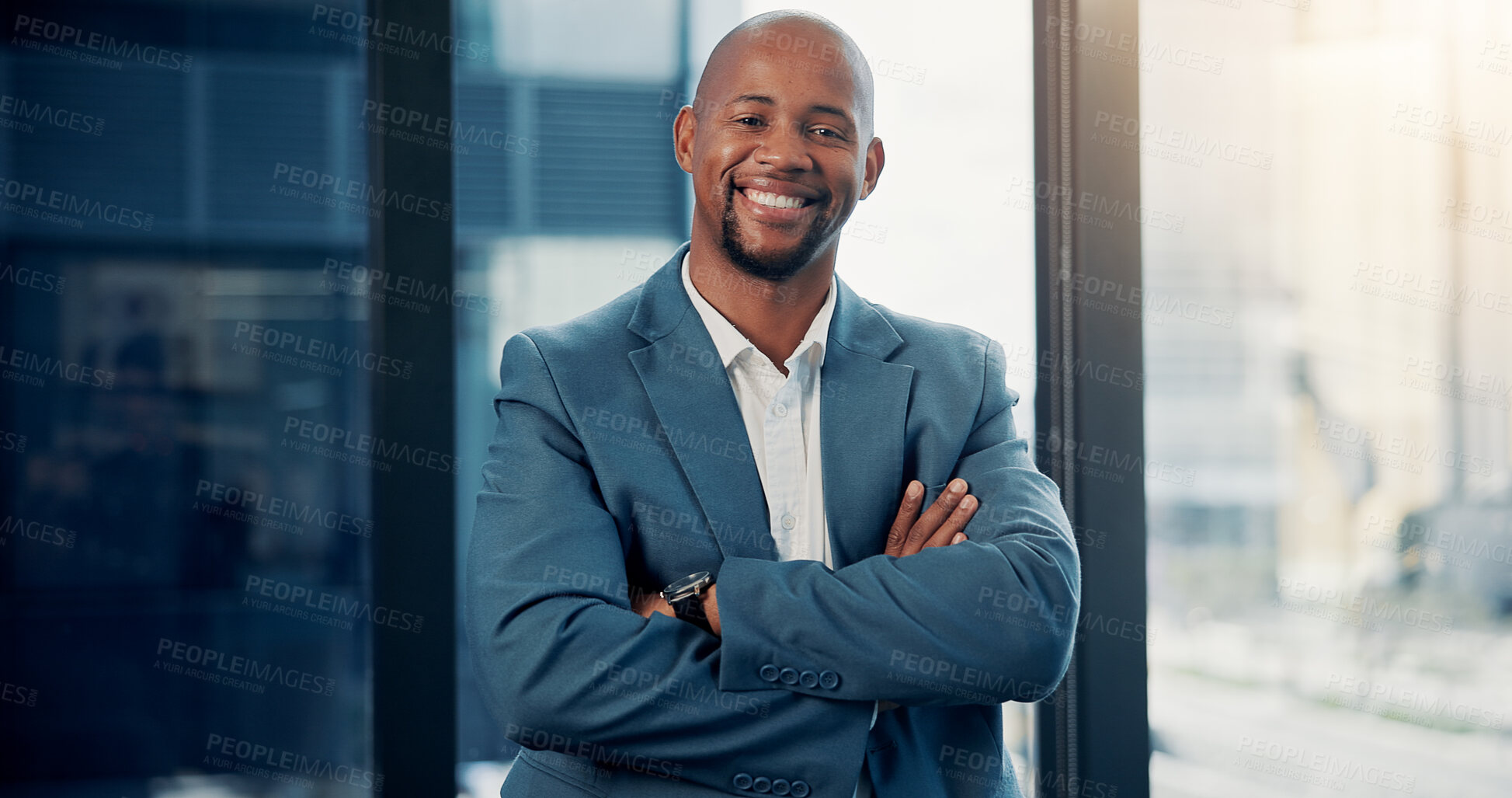 Buy stock photo Portrait, business and happy black man with arms folded in office for career, about us or investment. Confidence, employee and person at work as wealth consultant, finance or pride for corporate job