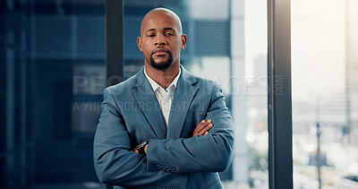 Buy stock photo Portrait, business and black man with arms folded in office for career, about us or investment. Confidence, serious employee and person in company as wealth consultant, finance and corporate job