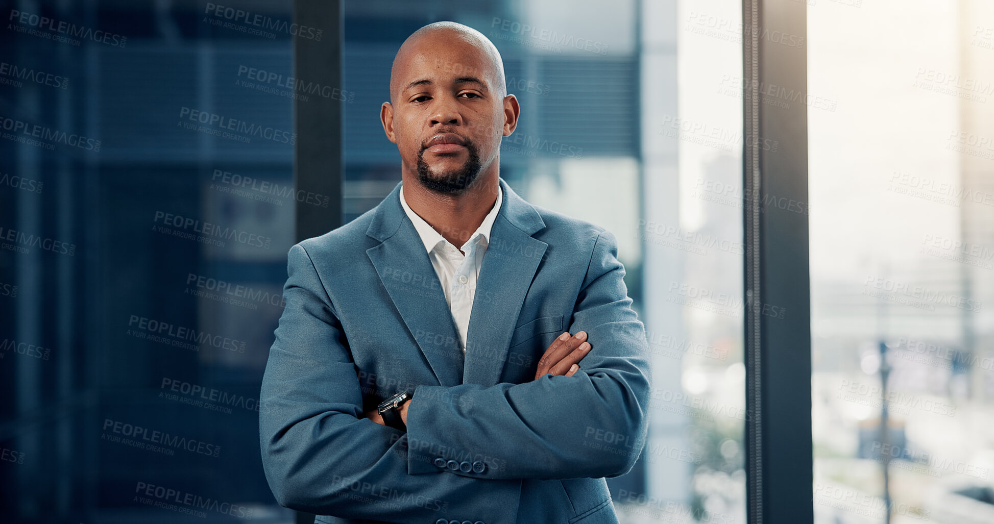 Buy stock photo Portrait, business and black man with arms folded in office for career, about us or investment. Confidence, serious employee and person in company as wealth consultant, finance and corporate job