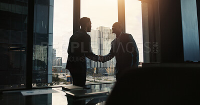 Buy stock photo Business, men and meeting with handshake in office for greeting, welcome and investment deal. Team, people and shaking hands for finance partnership, b2b agreement and negotiation for financial offer