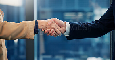 Buy stock photo Corporate, people and greeting with handshake in office for meeting, welcome and investment deal. Team, shaking hands and introduction for partnership, agreement and negotiation for financial offer