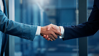 Buy stock photo Corporate, people and meeting with handshake in office for greeting, welcome and investment deal. Space, team and shaking hands with finance partnership, agreement and negotiation for financial offer