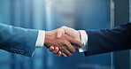 Business, people and meeting with handshake in office for greeting, welcome and investment deal. Team, men and shaking hands for finance partnership, b2b agreement and negotiation for financial offer