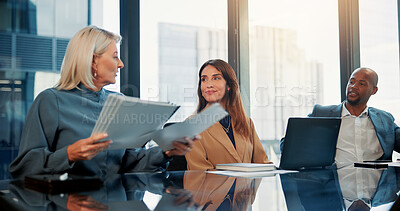 Buy stock photo Business people, discussion and meeting with documents for proposal, ideas or project in office. Group, employees or conversation with paperwork for company brief, performance review or team report
