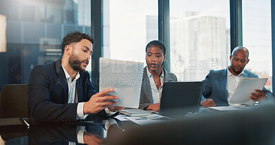Buy stock photo Business people, talk and laptop in office with documents, explain idea and financial investment proposal. Team, paperwork and discussion in workplace with computer, funding opportunity and review.