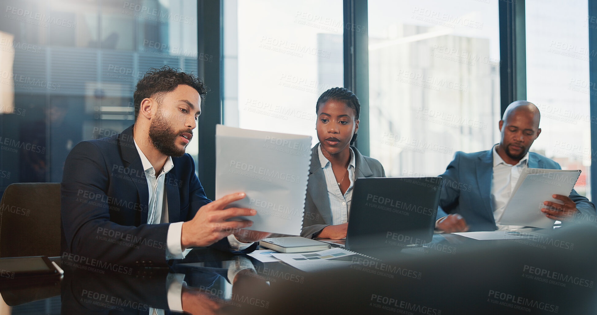 Buy stock photo Business people, talk and laptop in office with documents, explain idea and financial investment proposal. Team, paperwork and discussion in workplace with computer, funding opportunity and review.