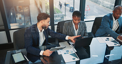 Buy stock photo Business people, discussion and laptop in office with documents, explain idea or investment proposal. Team, paperwork or talk in workplace with computer, capital funding opportunity or collaboration.