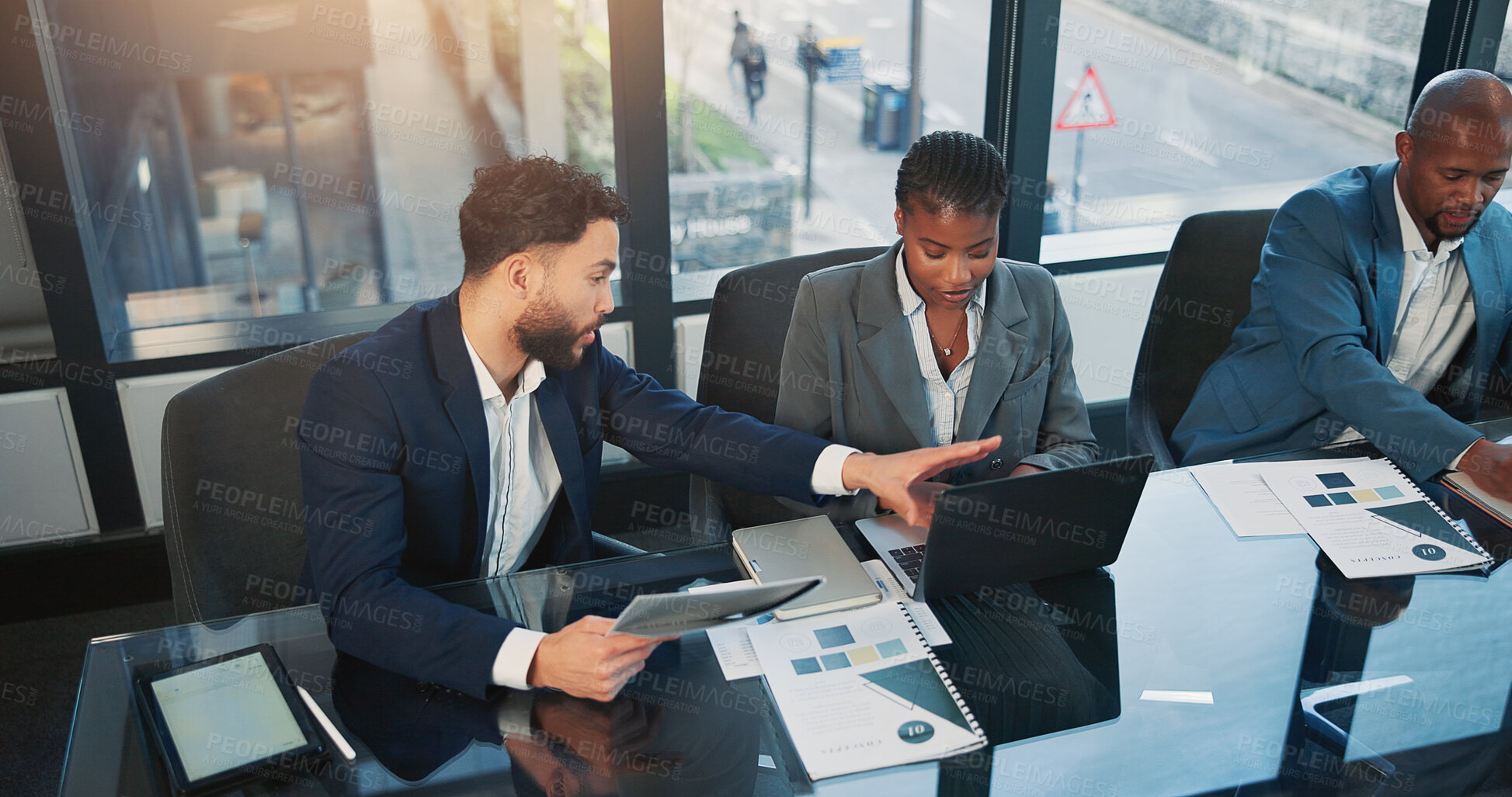 Buy stock photo Business people, discussion and laptop in office with documents, explain idea or investment proposal. Team, paperwork or talk in workplace with computer, capital funding opportunity or collaboration.