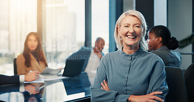 Buy stock photo Portrait, meeting and business woman with arms folded for career experience, investment and laugh. Confidence, mature executive and happy person in company, funny and coworking with finance manager