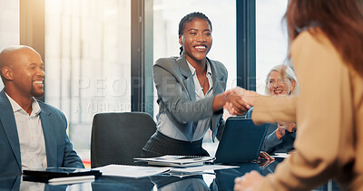 Buy stock photo Business, women and meeting with handshake in office for greeting, welcome and investment deal. Team, people and shaking hands for partnership promotion, agreement and negotiation for financial offer