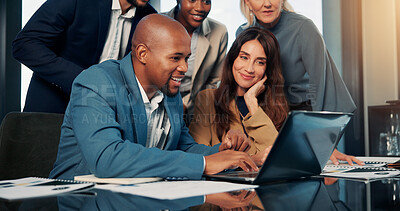 Buy stock photo Happy, business people and review in office with laptop, good news and proposal for investment deal. Team, smile and meeting in workplace with computer, email or idea for capital funding opportunity.