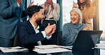 Applause, finance and laughing with business people in boardroom for investment growth or success. Achievement, excited and goals with financial team clapping in office for portfolio milestone