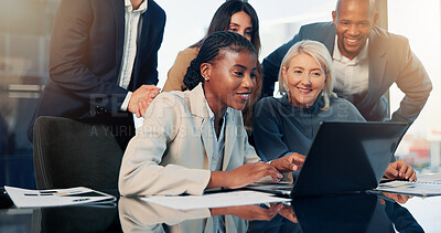 Buy stock photo Business people, smile and review in office with laptop, good news and proposal for investment deal. Happy, team and meeting in workplace with computer, email or idea for capital funding opportunity.