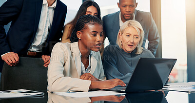 Buy stock photo Business people, review and meeting in office with laptop, check email and proposal for investment. Team, discussion and reading in workplace with computer, capital funding opportunity and research.