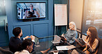 Business people, virtual meeting and financial advisor in office, conversation and feedback for report. Employees, men and women in workplace, discussion and review for revenue and online chatting
